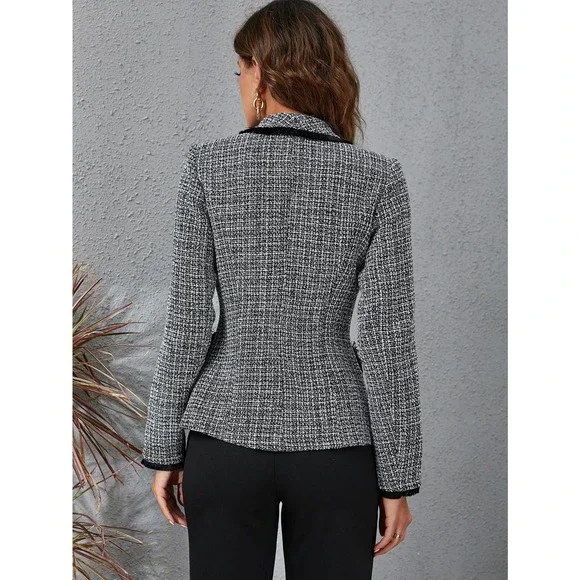 Raw Trim Double Breasted Blazer plaid tweed gray black - Picture 2 of 6